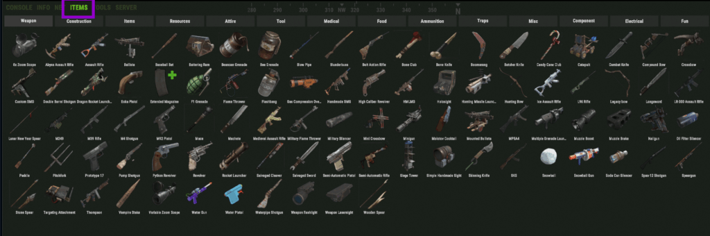 Rust ingame F1 console with items tab outlined