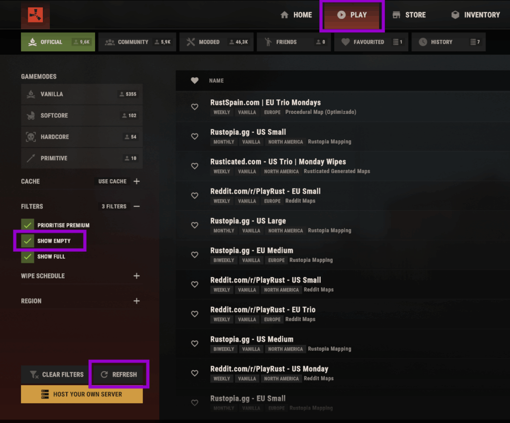 Rust game panel with play tab and filters option outlined