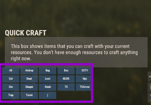 Rust in-game Admin Radar filter UI showing options