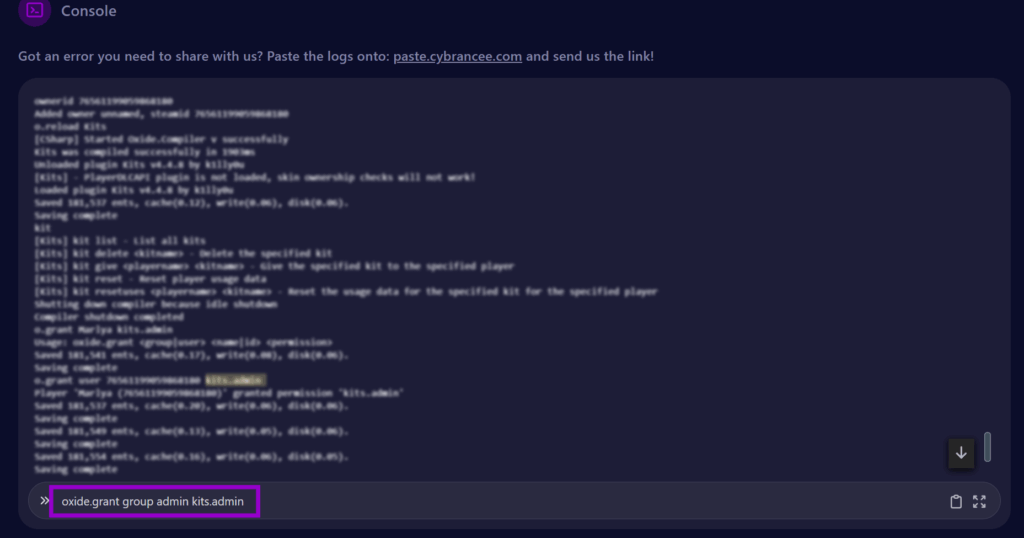Cybrancee Rust console command with oxide permission outlined