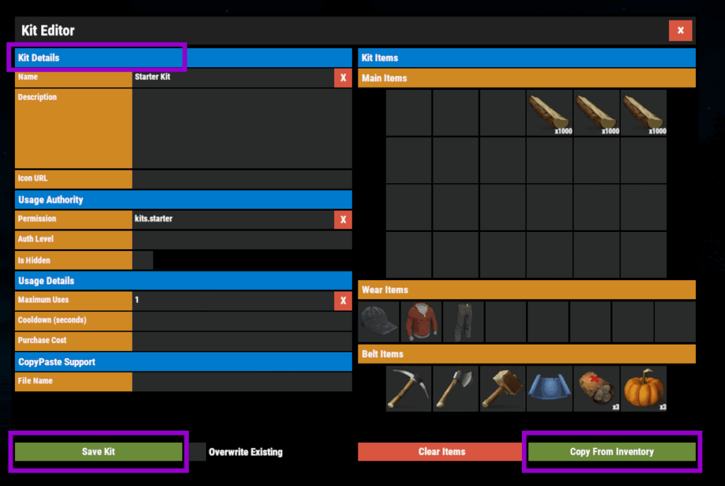 Rust kits editor panel with kit details, copy from inventiry and save kit button outlined