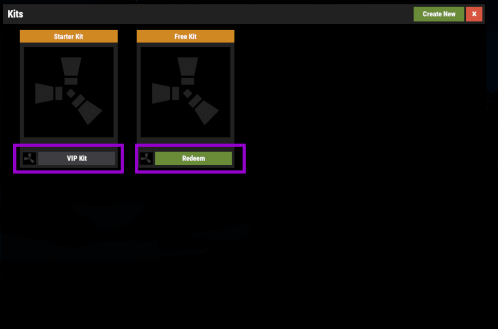 Rust kits panel showing two kits with different permissions