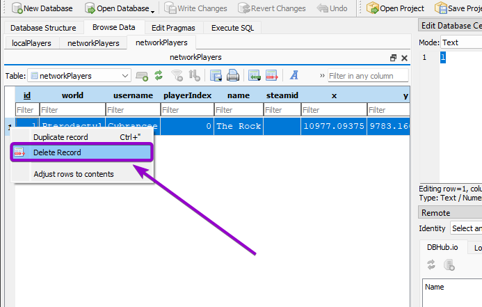 Second step to delete a player row from the database
