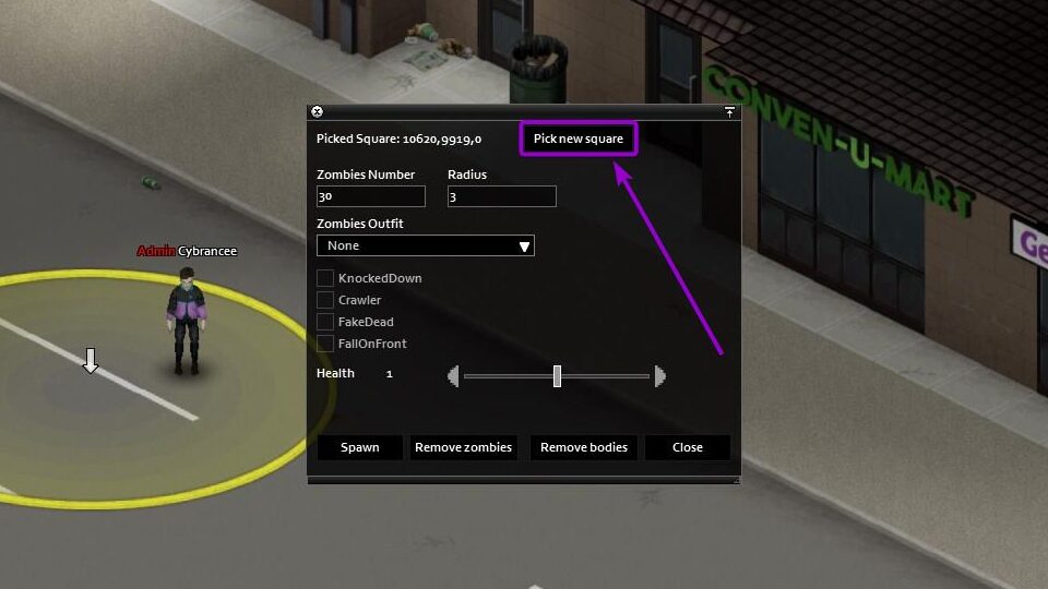 'Pick new square' button outlined with arrow