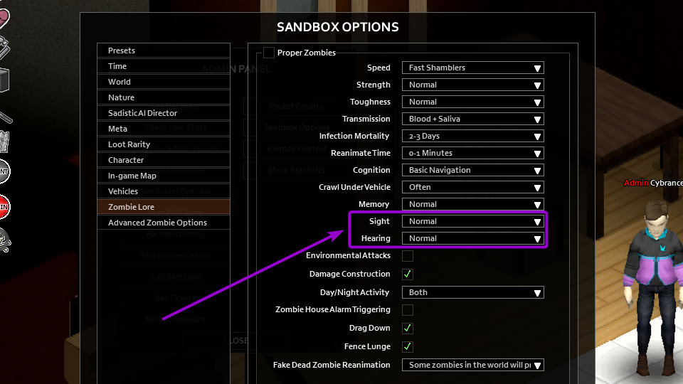 Sight and Hearing options outlined with arrow