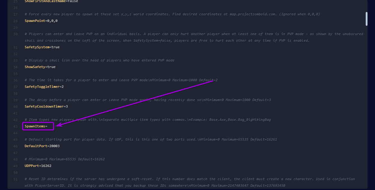 SpawnItems line outlined with arrow