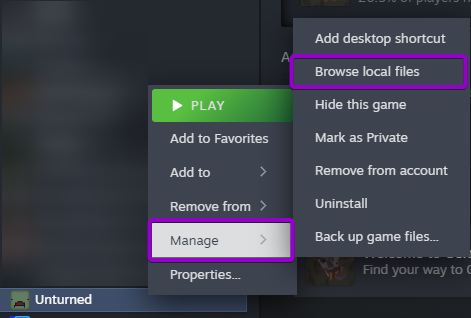 Steam Unturned Rigth Click Menu with Manage and Browse files outlined