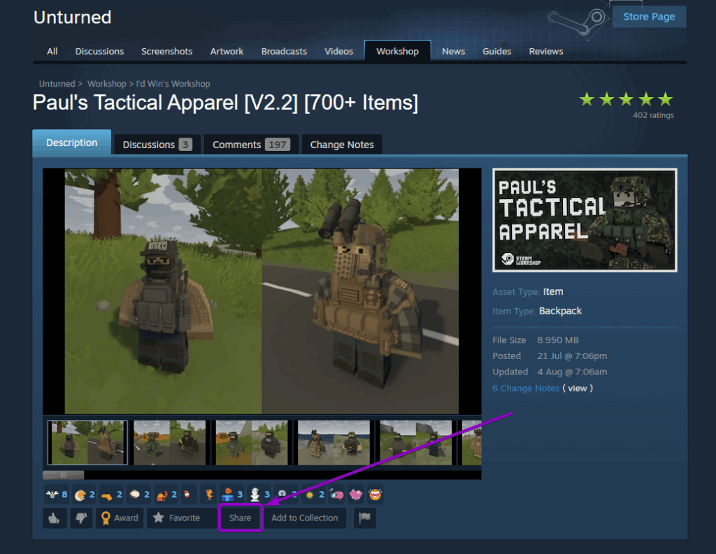 Steam Workshop Unturned Mod Share Button Outlined