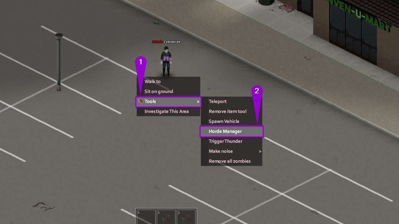 Steps to open the Horde Manager menu in Project Zomboid
