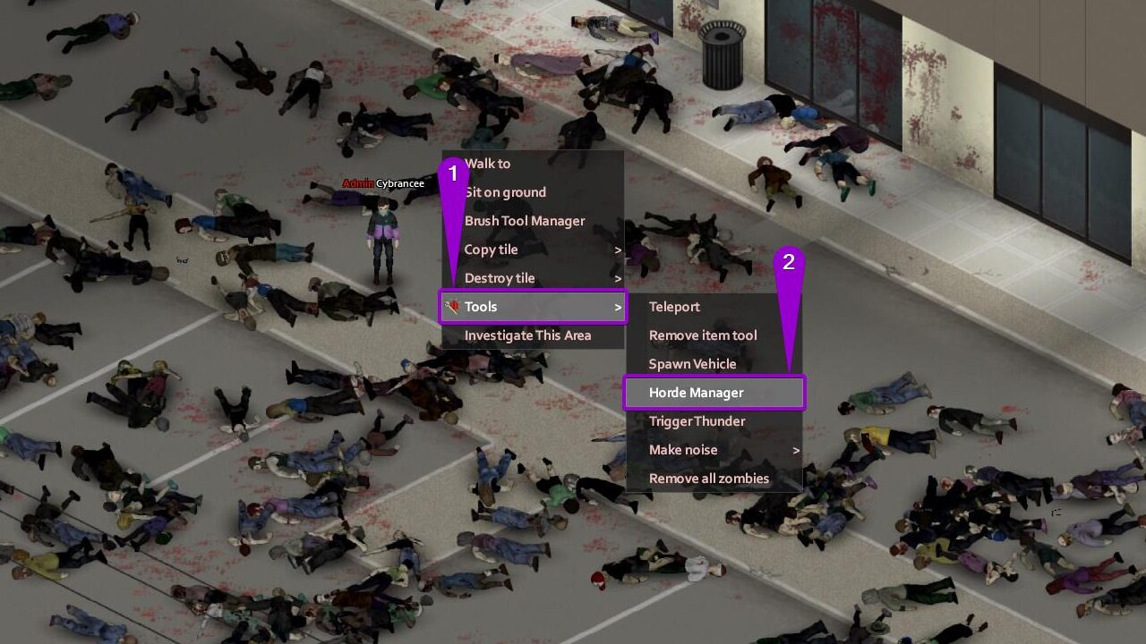 Steps to open the Horde Manager menu in Project Zomboid