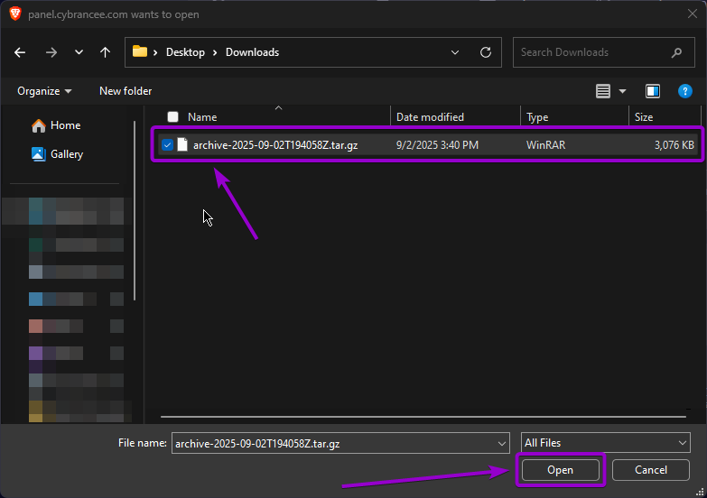 Steps to upload the compressed file of the saved world