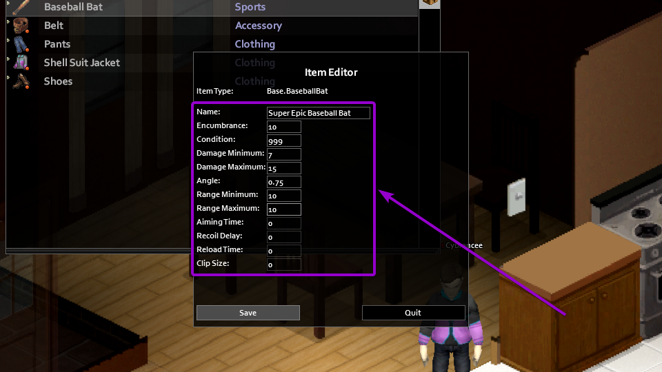 Text fields to change the values ​​of an item