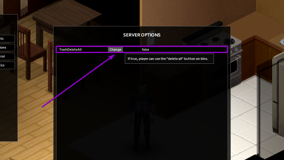 TrashDeleteAll Change button outlined with arrow