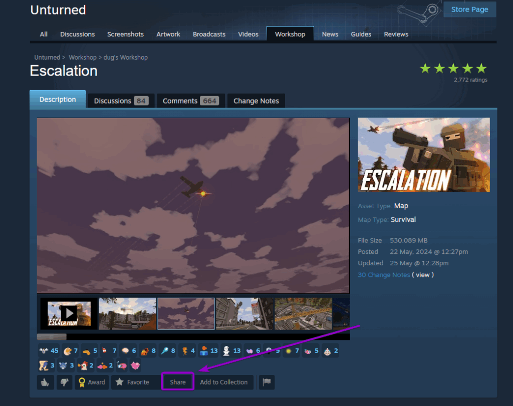 Unturned Steam Workshop Mod Share Button Outlined