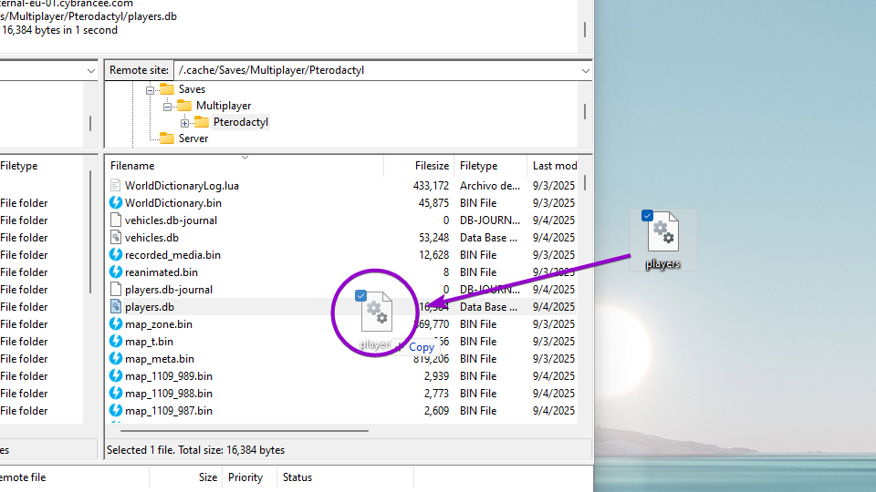 Upload the 'players.db' file back to the server files via sftp
