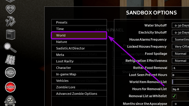 World option outlined with arrow