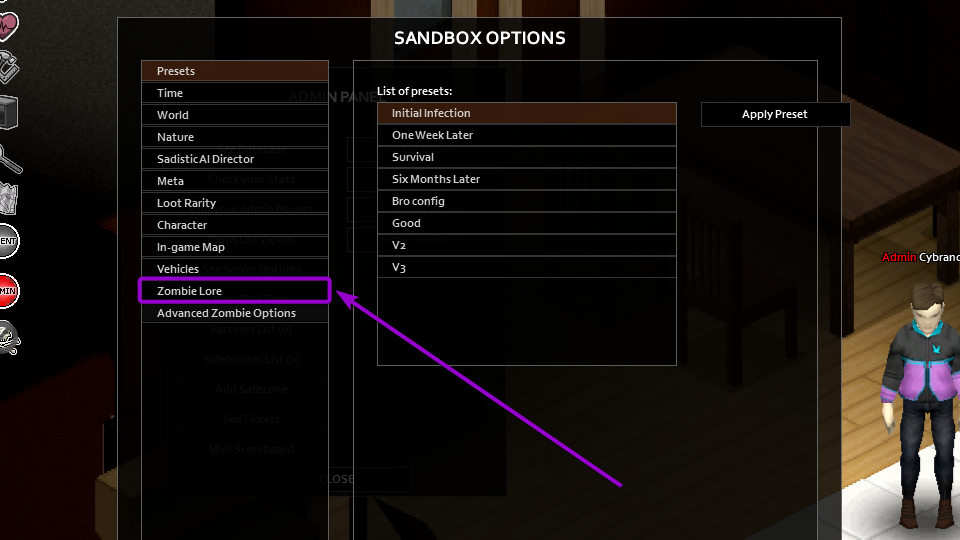 Zombie Lore tab outlined with arrow