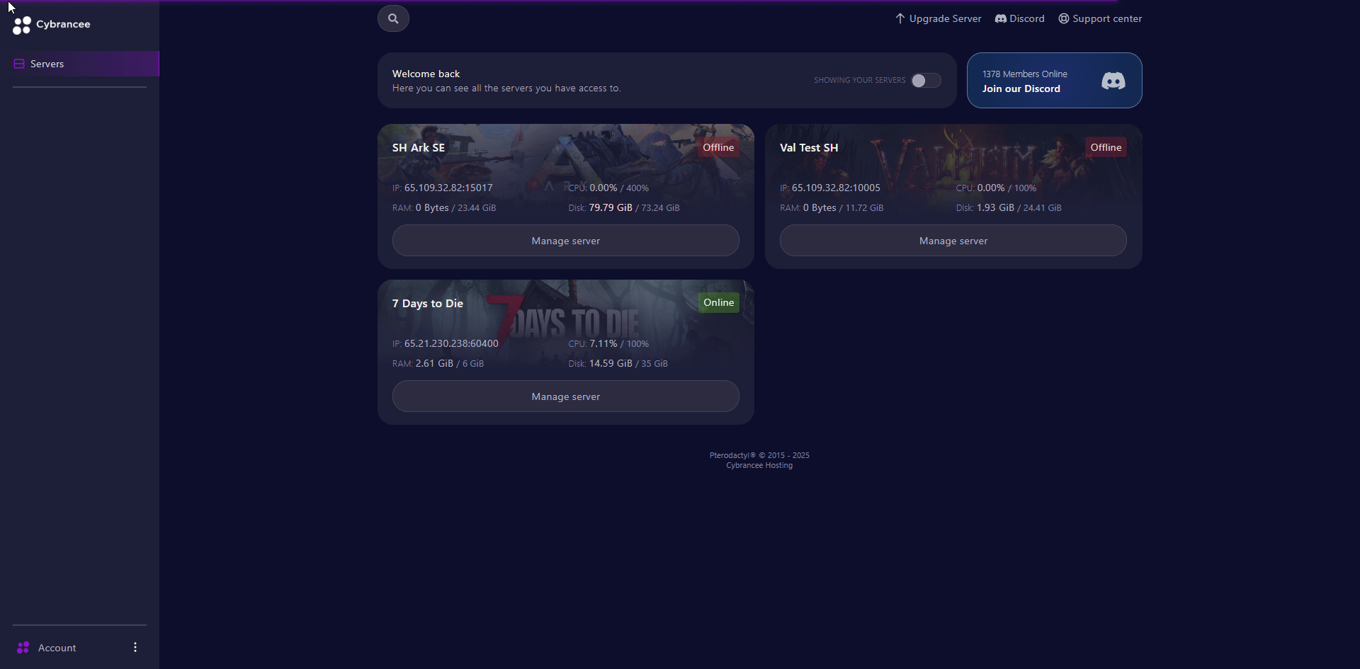 A gif of the user selecting the 7 days to die server from the panel