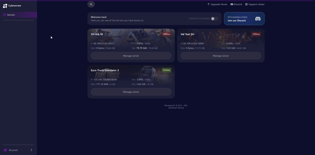 Gif of user clicking the manage server button for a Euro Truck Simulator 2 server