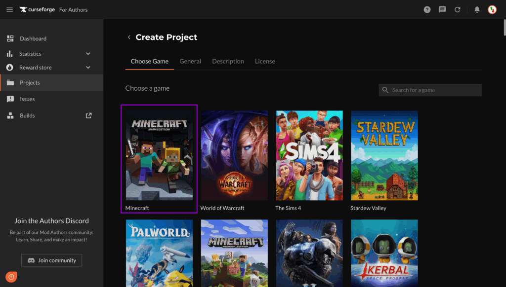 Create a new CurseForge Project.