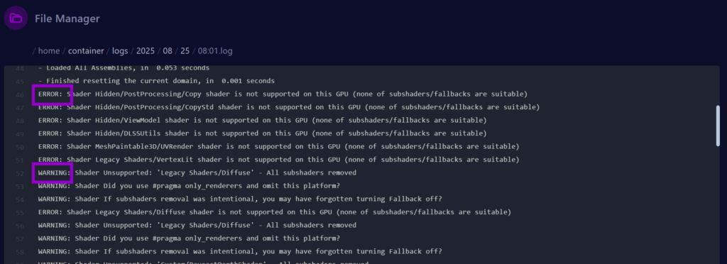 Cybrancee panel files page log example log error warning outlined