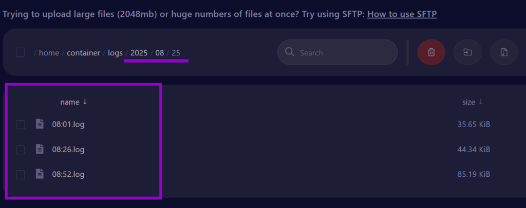 Cybrancee panel files tab with log folder path and log files outlined