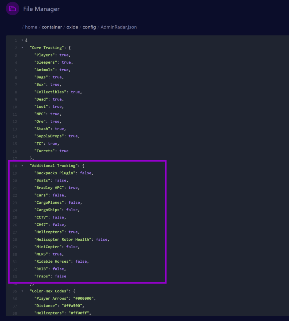 Cybrancee panel showing Admin Radar plugin additional tracking settings for Rust server