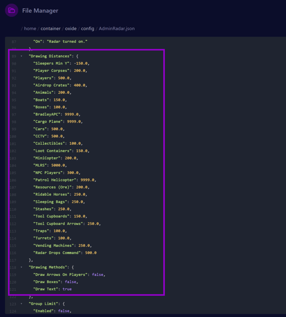 Cybrancee panel showing Admin Radar plugin drawing distance configuration for Rust server