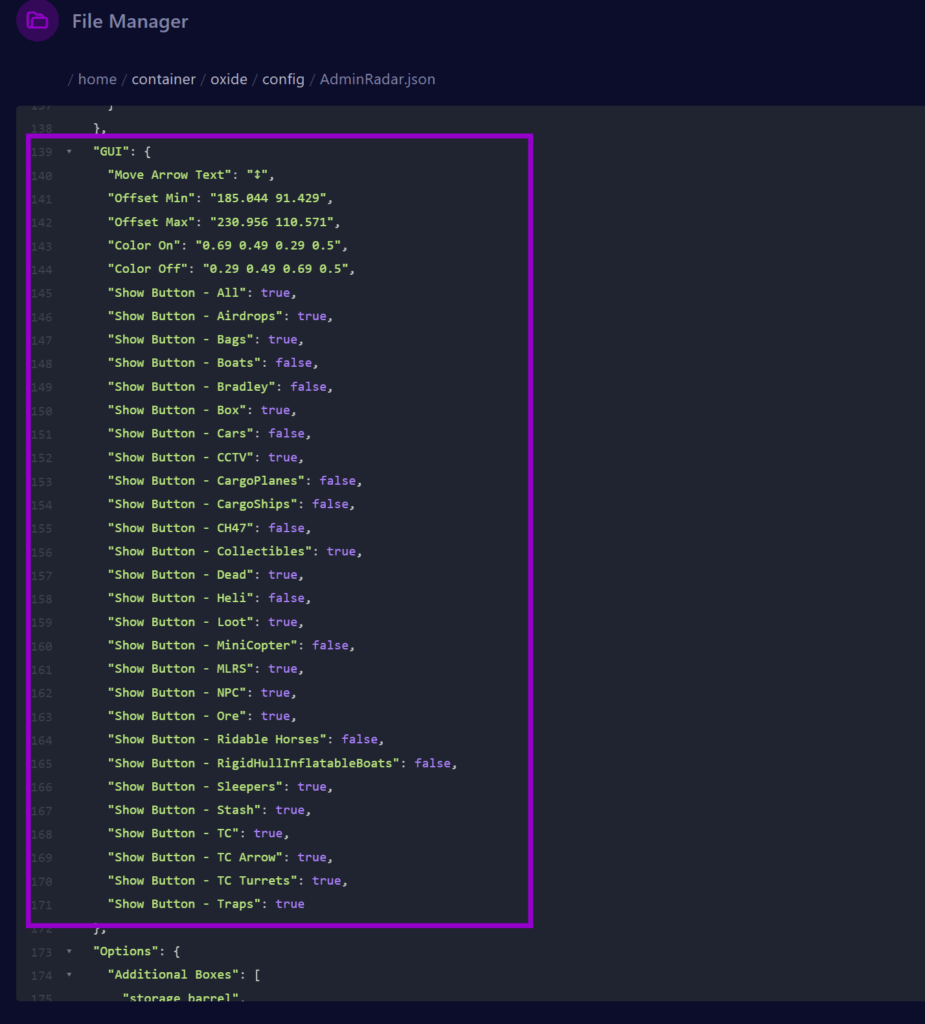 Cybrancee panel showing Admin Radar plugin GUI settings for Rust server