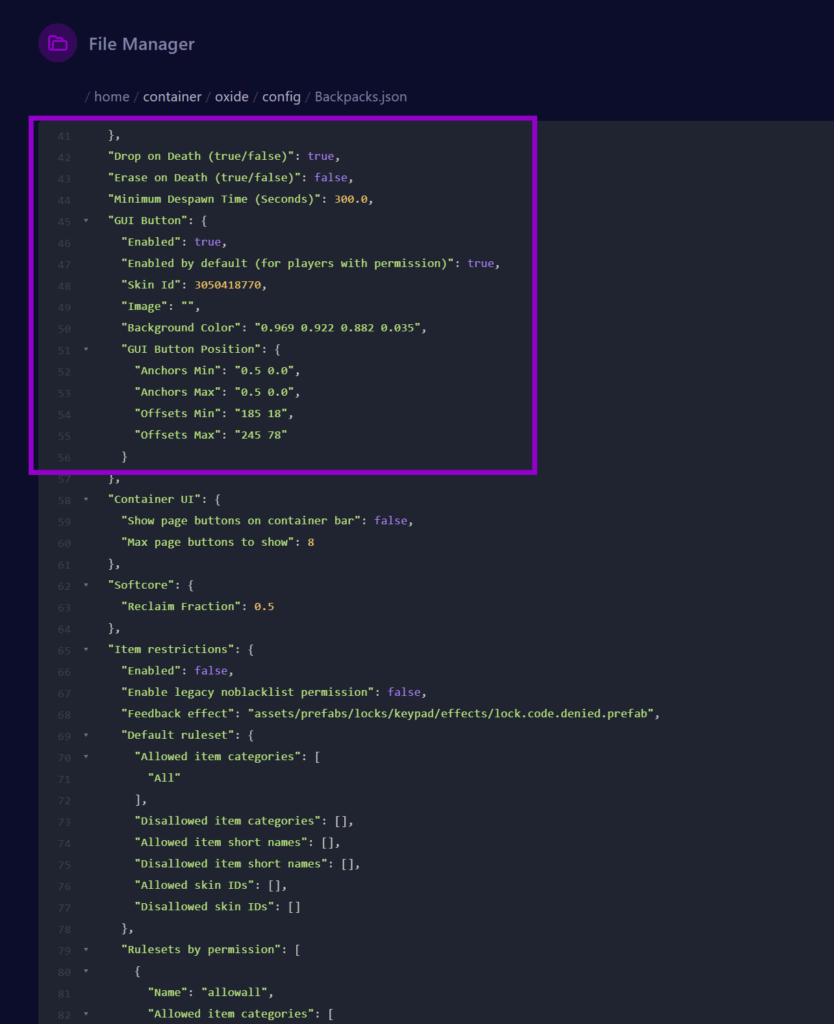 Cybrancee panel Rust Server showing the Drop on Death and Erase on Death settings for Backpacks plugin outlined