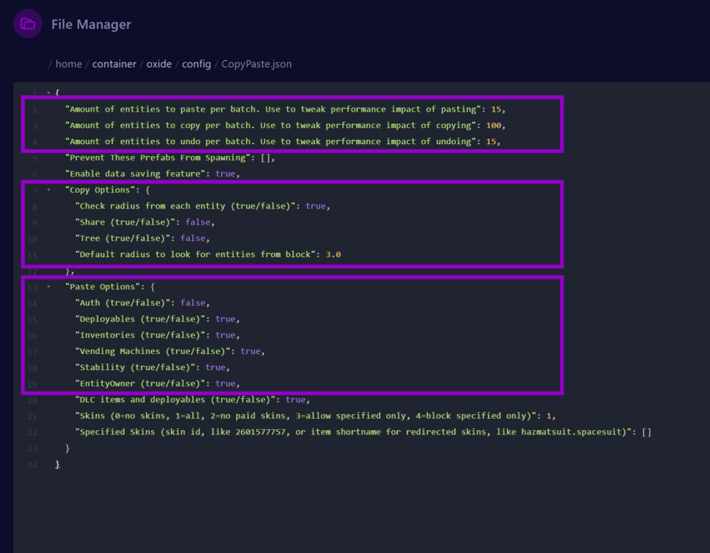 cybrancee panel rust server config file copy paste with settings outlined