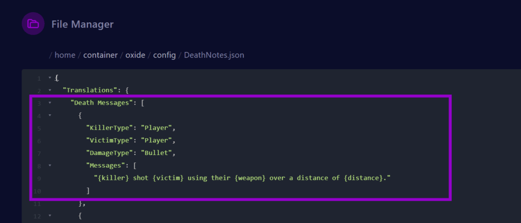 cybrancee panel showing rust server configuration file for death notes messages with settings outlined