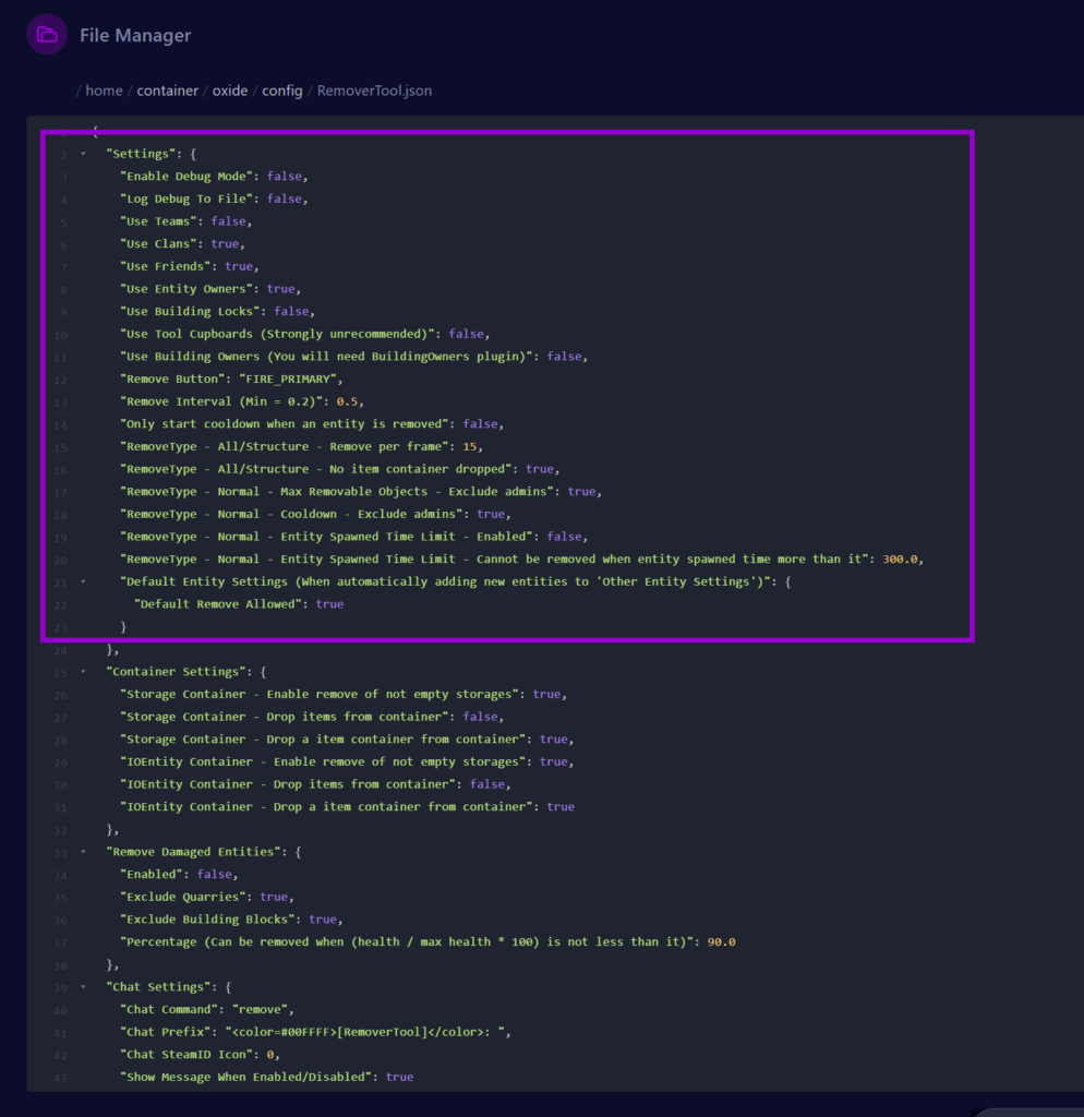Rust server config file Remover Tool plugin with settings section outlined