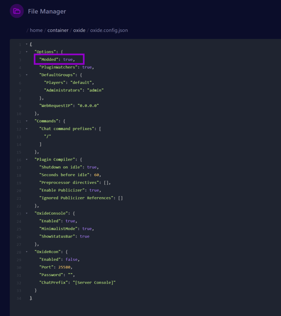 cybrancee panel rust Server in files tab with oxide config file modded option outlined