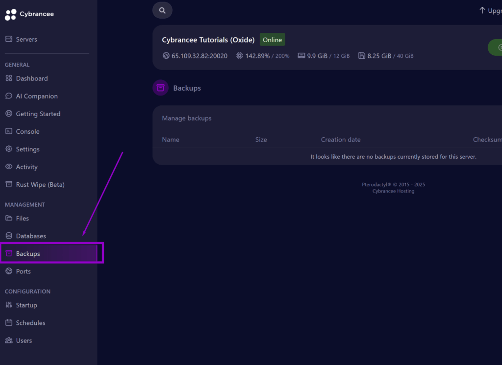 Cybrancee panel Rust startup page with the Backup tab outlined