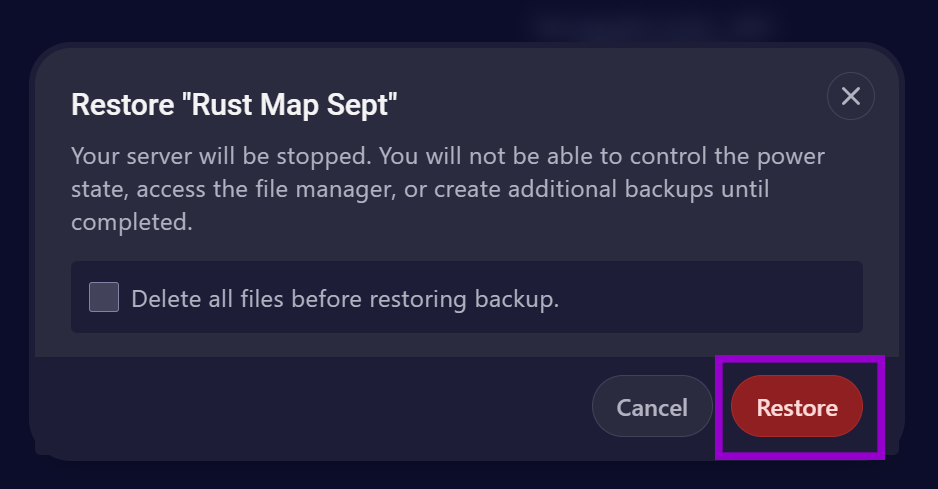 cybrancee panel rust startup page backup tab and restore popup with restore button outlined