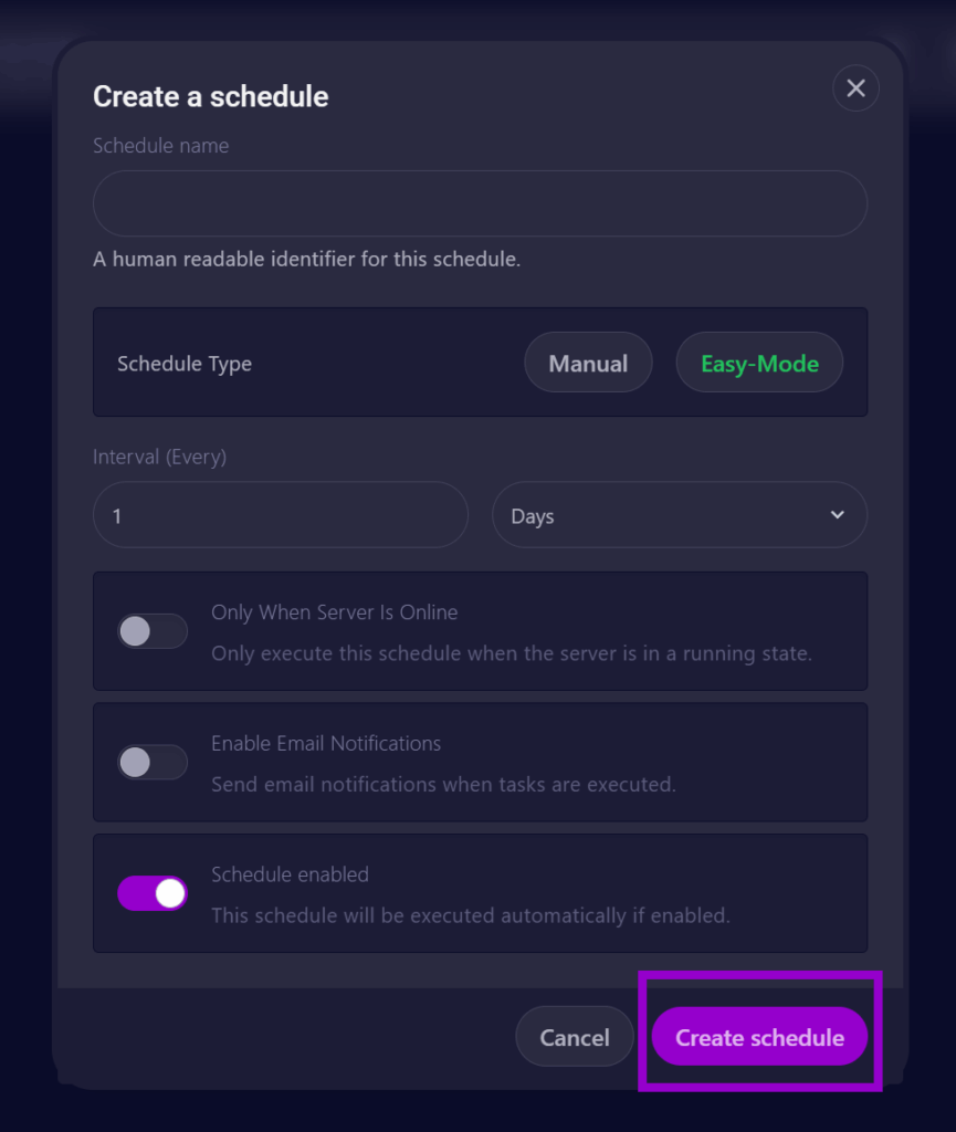 Cybrancee panel Rust startup page, create schedule button in easy mode outlined