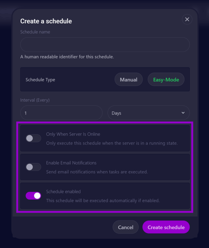 cybrancee panel rust startup page create schedule easy mode other options outlined