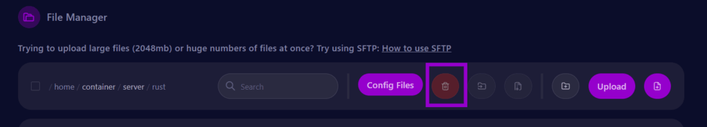 Cybrancee panel Rust startup page, Rust file tab delete button outlined