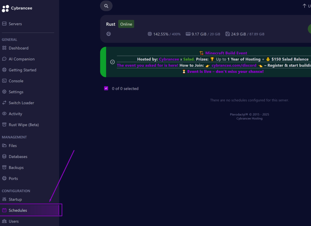 cybrancee panel rust startup page with schedule tab outlined