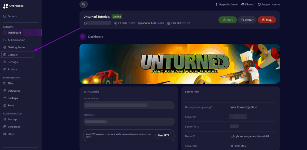 cybrancee Panel Unturned Dashbard Console Tab Outlined