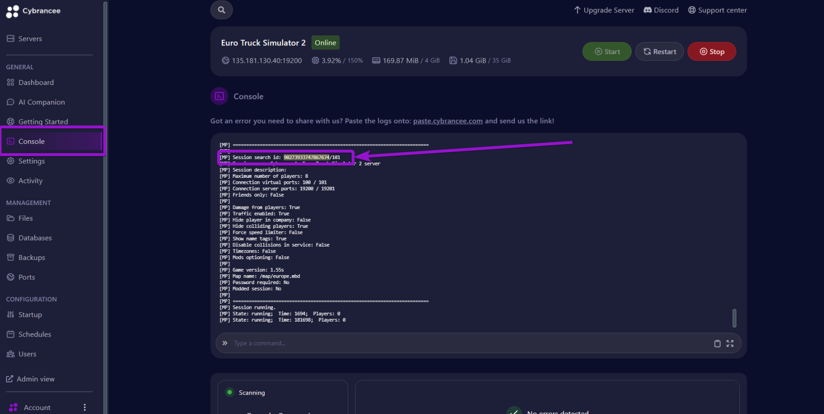 Screenshot of console with ID highlighted