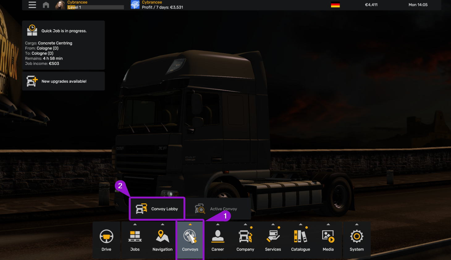 Euro Truck Simulator 2 game page with the convoy buttons highlighted