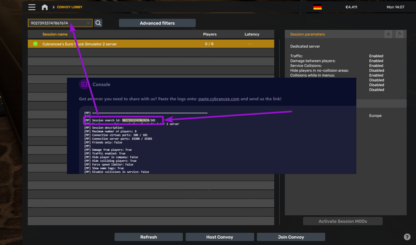 Euro Truck Simulator convoy screen with the session ID highlighted