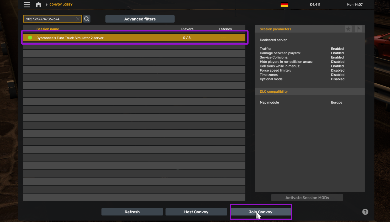 Euro Truck Simulator search result with the Join Convoy button highlighted