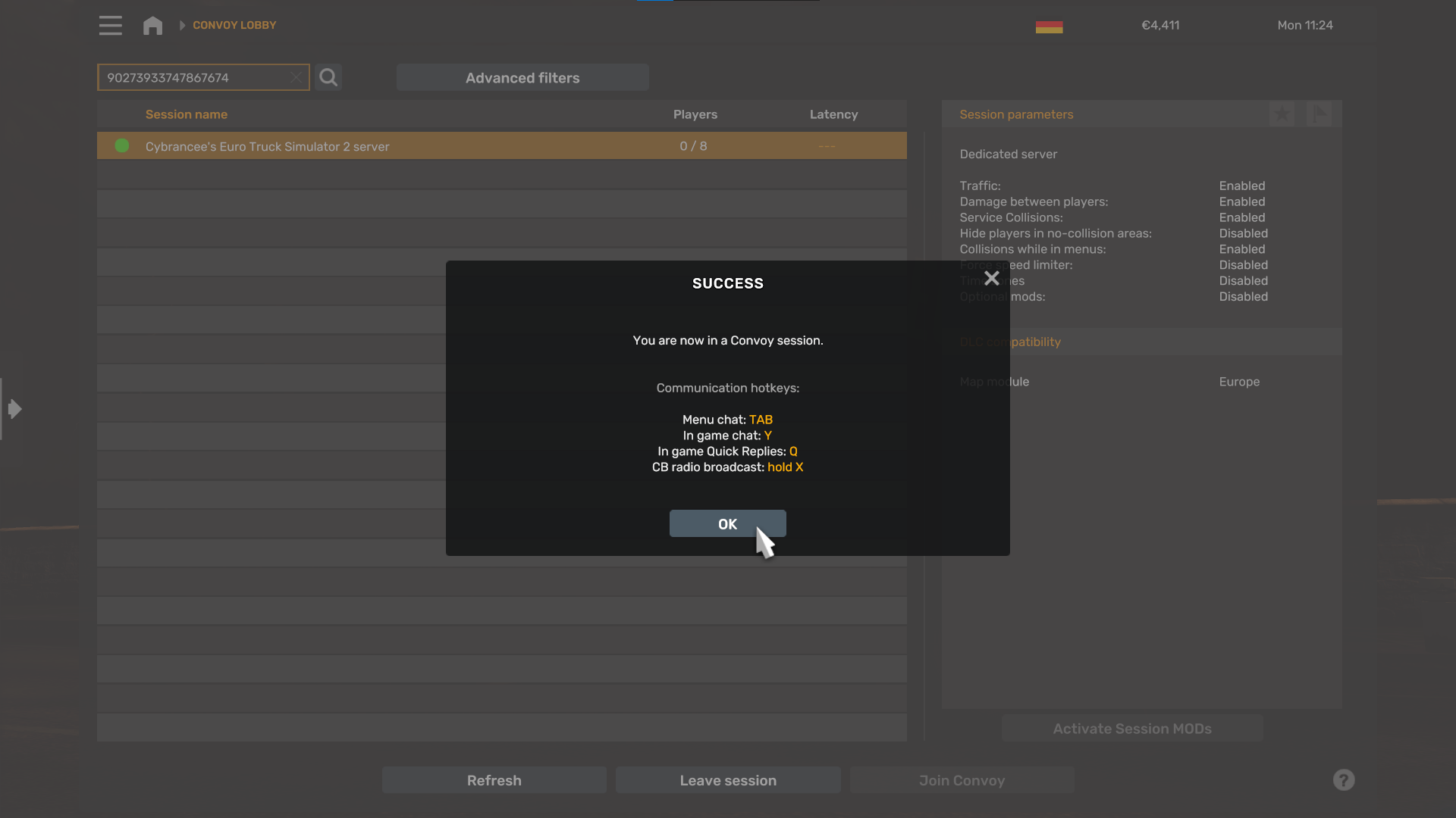 Euro Truck Simulator convoy join success screen