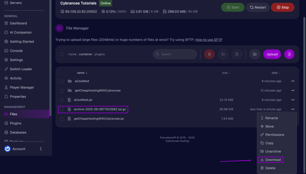 Downloading the archived file