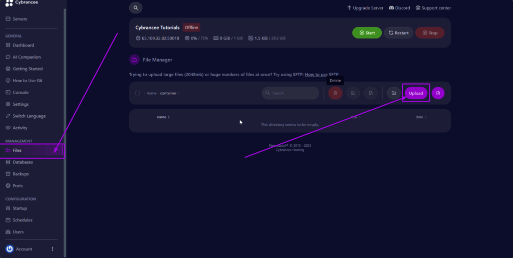 Upload File button is highlighted on the Files page of the Panel.
