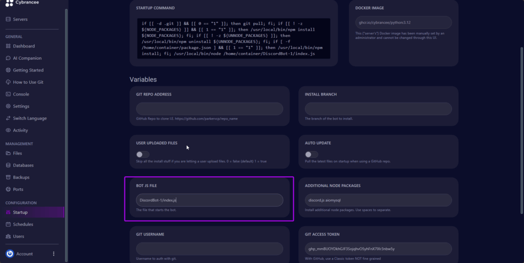 Cybrancee Panel, startup page. BOT JS FILE is highlighted