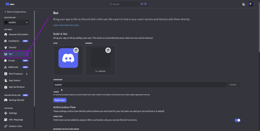 Discord Developer Portal, on the sidebar. Bot tab is highlighted